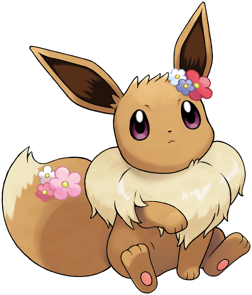 The pokemon Eevee, a cat like animal with long pointy ears, wearing a flower